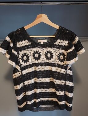 Solitaire Black and Cream Crochet Stripe Flutter-Sleeve Top